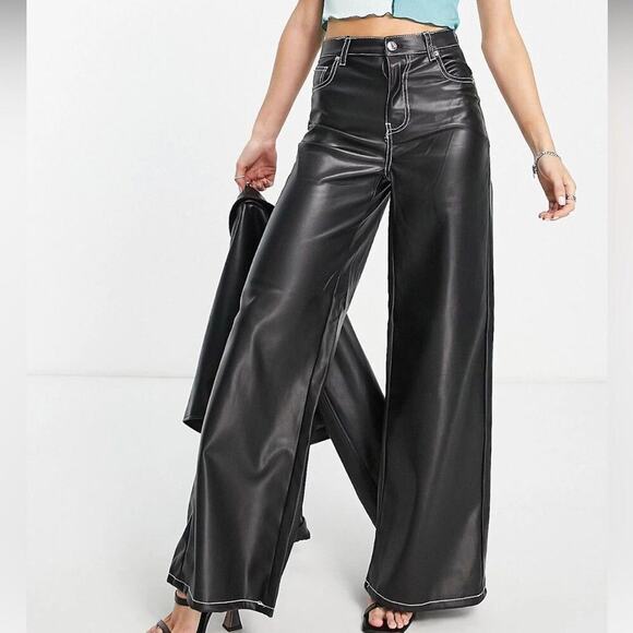 Bershka Pants - BERSHKA HIGH RISE NWT FAUX‎ LEATHER DAD PANTS WITH CONTRAST SIZE M